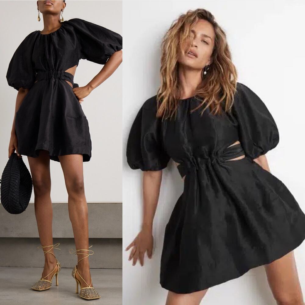 Aje Psychedelia Puff Sleeve Cut Out Mini Dress Tie Back Black Size US 8